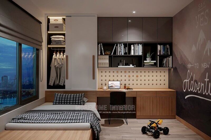Hệ thống tủ nhựa acrylic với tủ gỗ công nghiệp tạo nên khu vực lưu chứa đồ đạc rộng lớn.