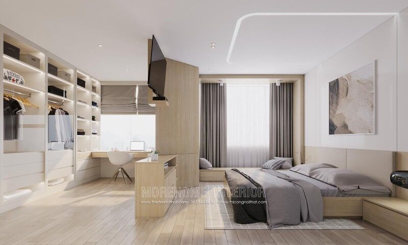 Tủ quần áo thiết kế nhiều ngăn, tạo khu vực chứa đồ đạc lớn. Chất liệu gỗ công nghiệp, đẹp và hiện đại.